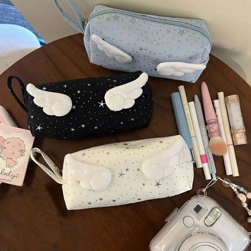 Cute 3d Wing Star Pencil Case Large Capacity Student Pen Bag Kawaii Canvas Stationery Storage