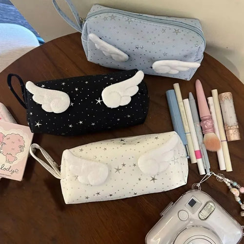 Cute 3d Wing Star Pencil Case Large Capacity Student Pen Bag Kawaii Canvas Stationery Storage