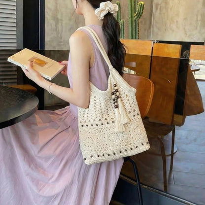 Boho Crochet Tote Bag with Bead & Tassel Charm