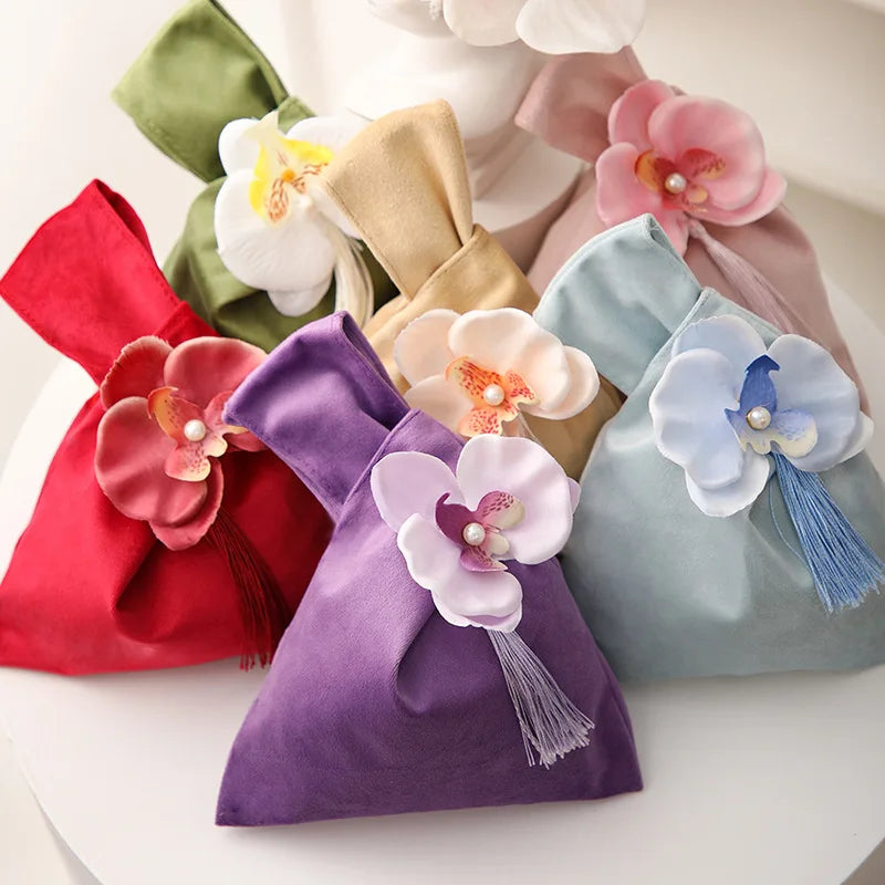 Velvet Flower Tassel Wrist Bag Chinese Style Jewelry Pouch