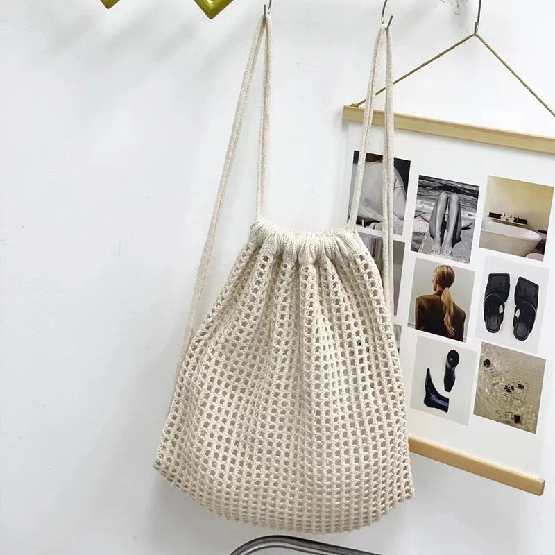 Bohemian Crochet Drawstring Backpack – Large Capacity Woven Bag