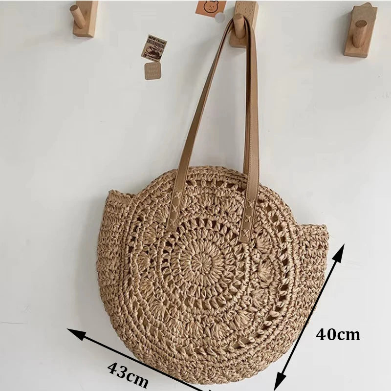 Handmade Straw Woven Round Beach Tote Bag