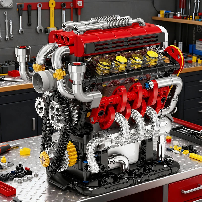 FEV8 Supercar Engine Motorized Building Set – Technical Brick Model