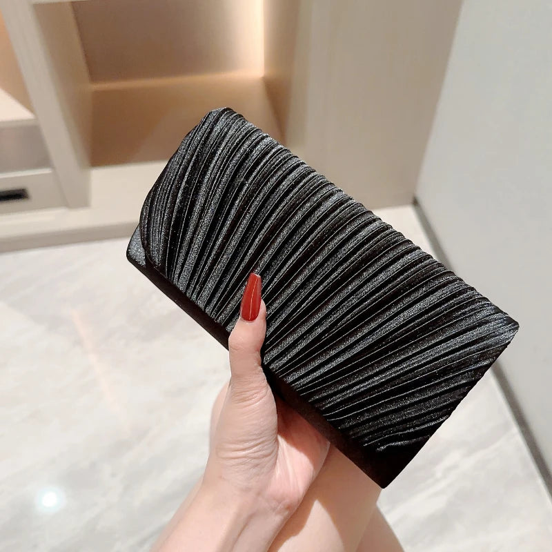 Satin Evening Clutch Bag for Women – Pleated Rhinestone Wedding Purse