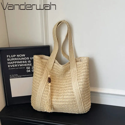 Woven Straw Beach Tote Bag for Women – Large Boho Shoulder Handbag