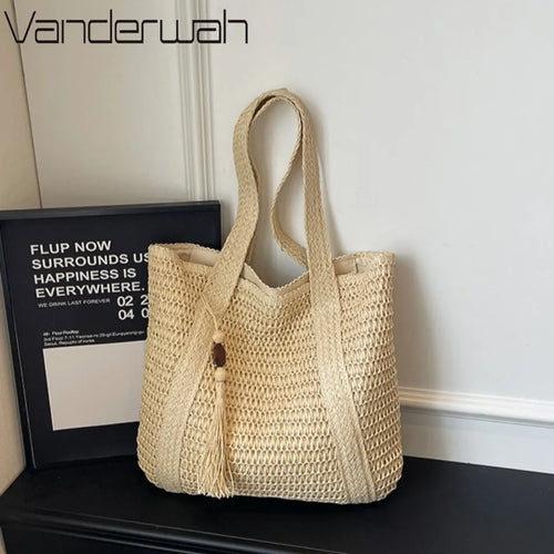 Woven Straw Beach Tote Bag for Women – Large Boho Shoulder Handbag
