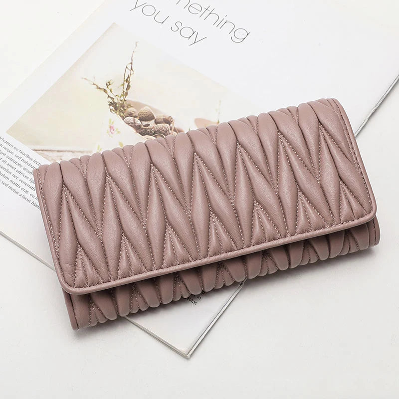 Genuine Sheepskin Leather Long Wallet for Women – Pleated Clutch Purse