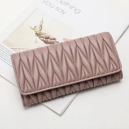 Genuine Sheepskin Leather Long Wallet for Women – Pleated Clutch Purse