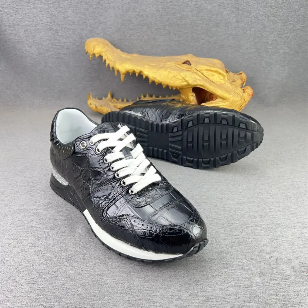Crocodile Leather Men's Sneakers – Black Lace-Up Casual Shoes