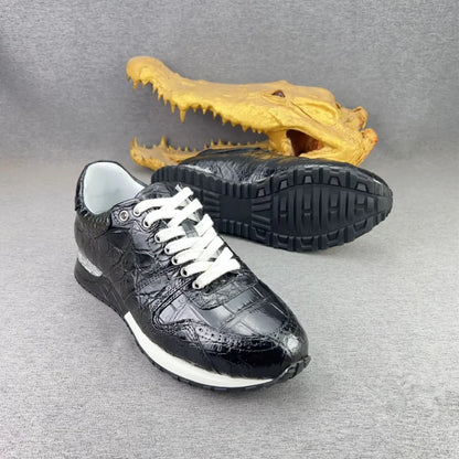 Crocodile Leather Men's Sneakers – Black Lace-Up Casual Shoes