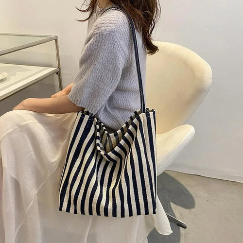 Large Canvas Tote Bag – Striped Shopper Shoulder Bag