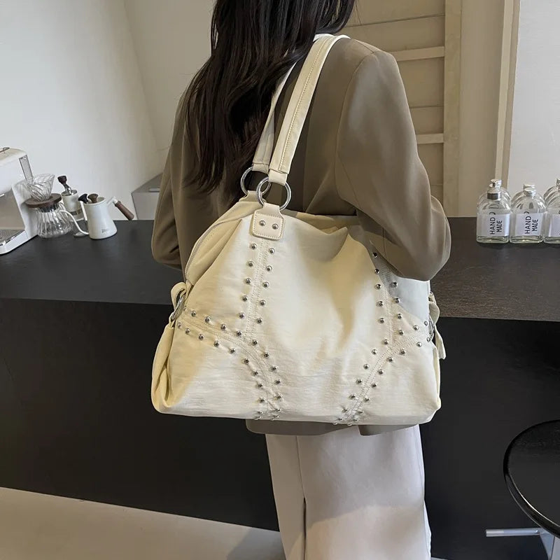 Women's Nylon Rivet Tote Bag – Large Shoulder Commuter Handbag