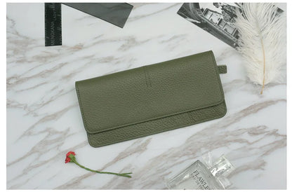 Women's Genuine Leather Long Wallet – Slim Flat Cowhide Purse with Card Slots