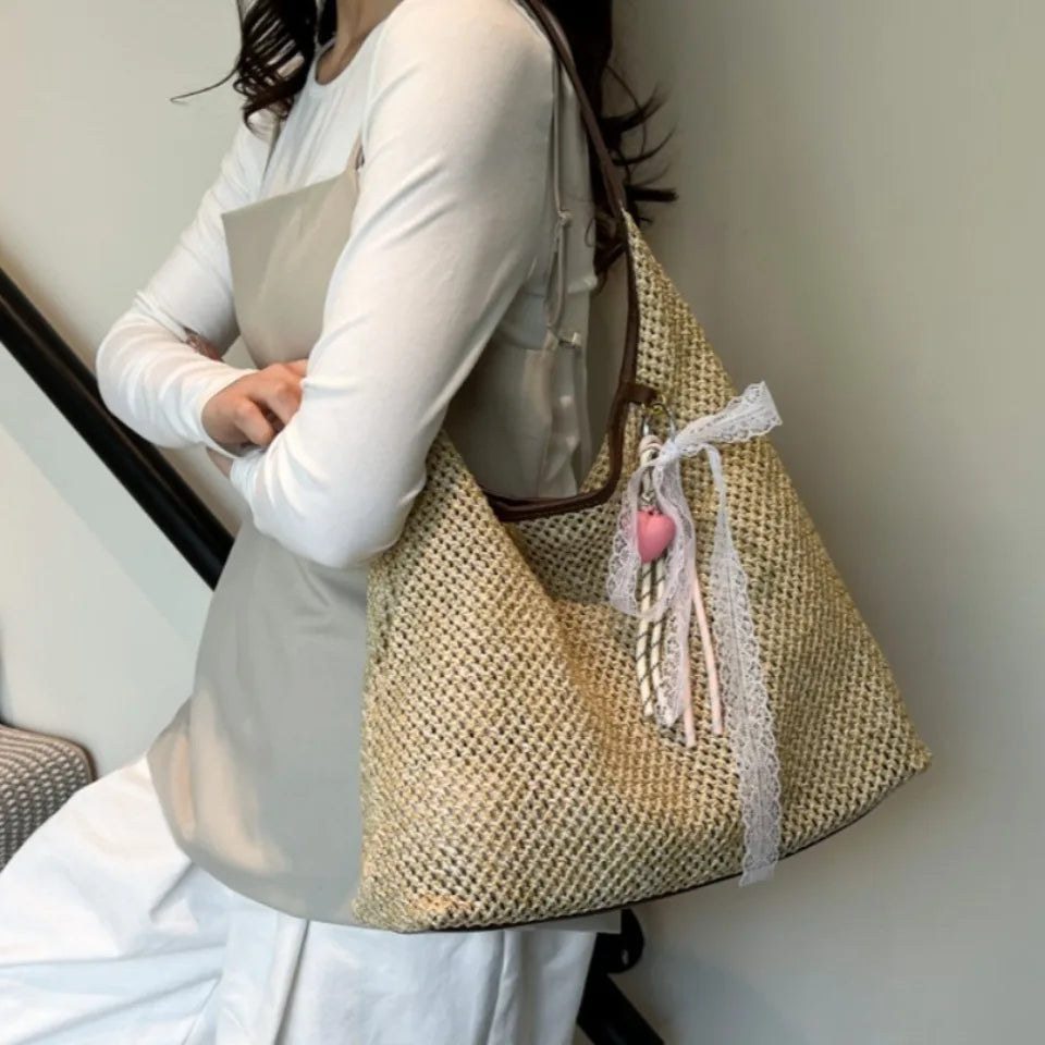 Woven Straw Tote Bag for Women – Casual Beach Shoulder Bag