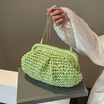 Straw Woven Pillow Clutch Bag – Gold Chain Shoulder Bag Women