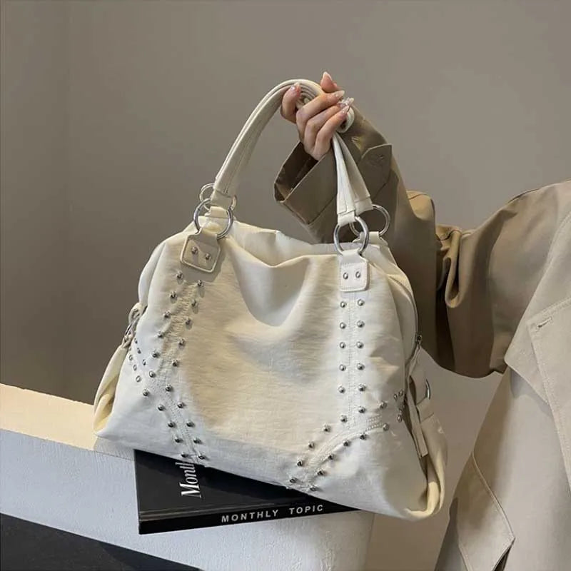 Women's Nylon Rivet Tote Bag – Large Shoulder Commuter Handbag