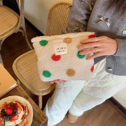 Colorful Dot Plush Makeup Bag – Large Capacity Cosmetic Pouch