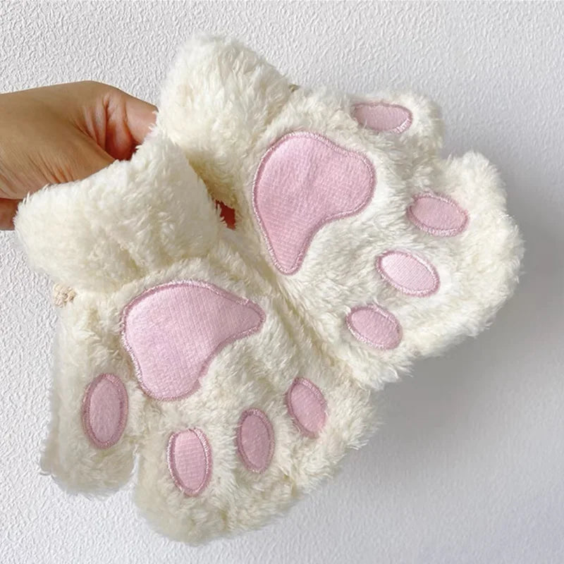 Winter Gloves Women Bear Plush Cat Paw Claw Cute Kitten Fingerless Mittens Christmas Halloween Girls