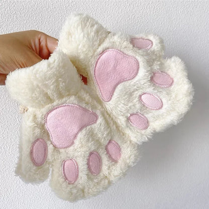 Winter Gloves Women Bear Plush Cat Paw Claw Cute Kitten Fingerless Mittens Christmas Halloween Girls