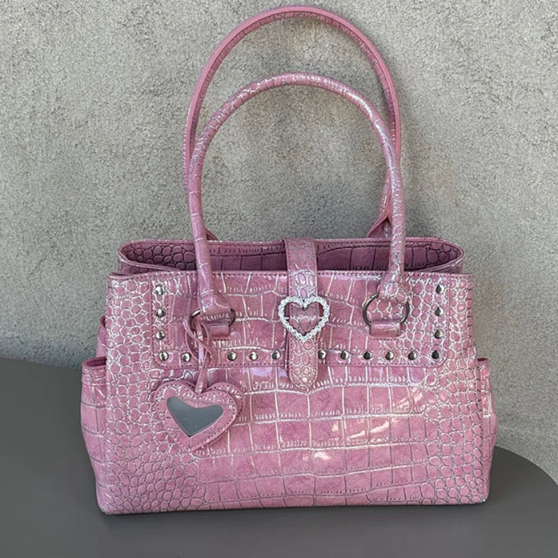 Pink Crocodile-Print Handbag with Heart Detail – Large Capacity Tote