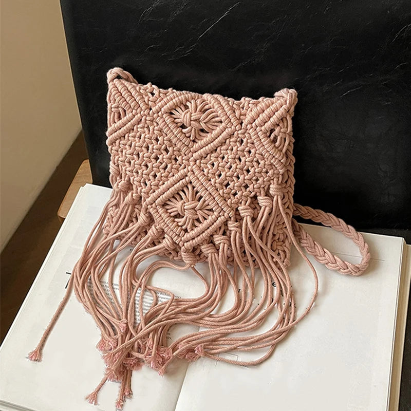 Macrame Tassel Crossbody Bag for Women – Woven Beach Bag