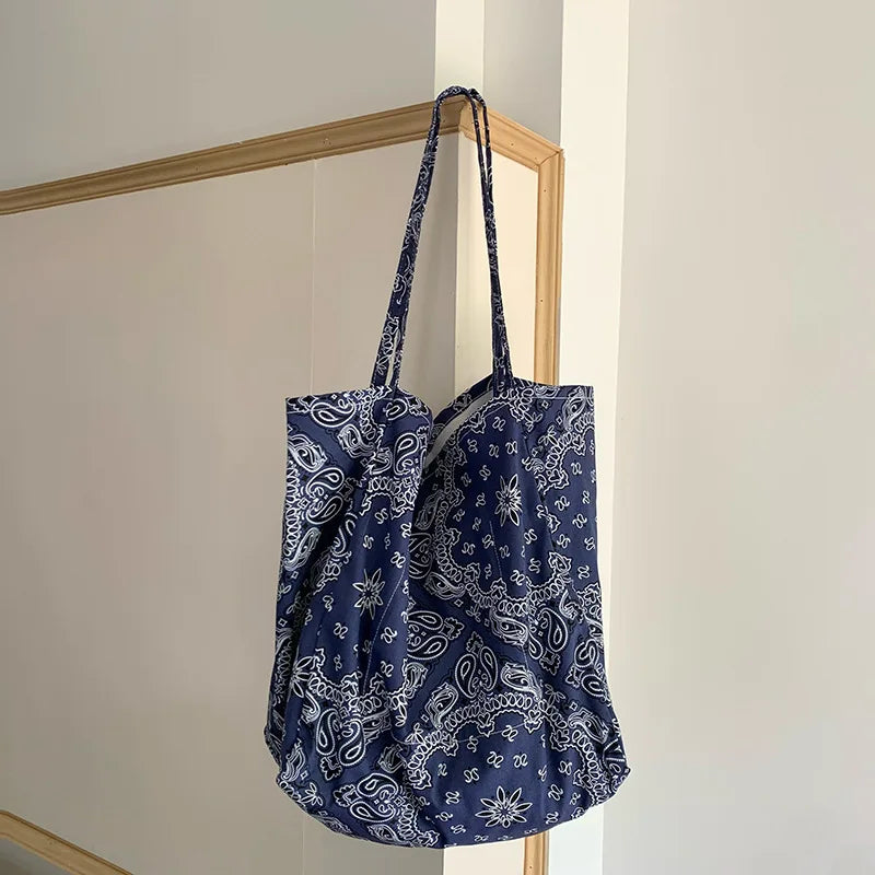 Retro Cashew Flower Shoulder Bag Student Canvas Large Capacity Handbag Casual Tote Woman