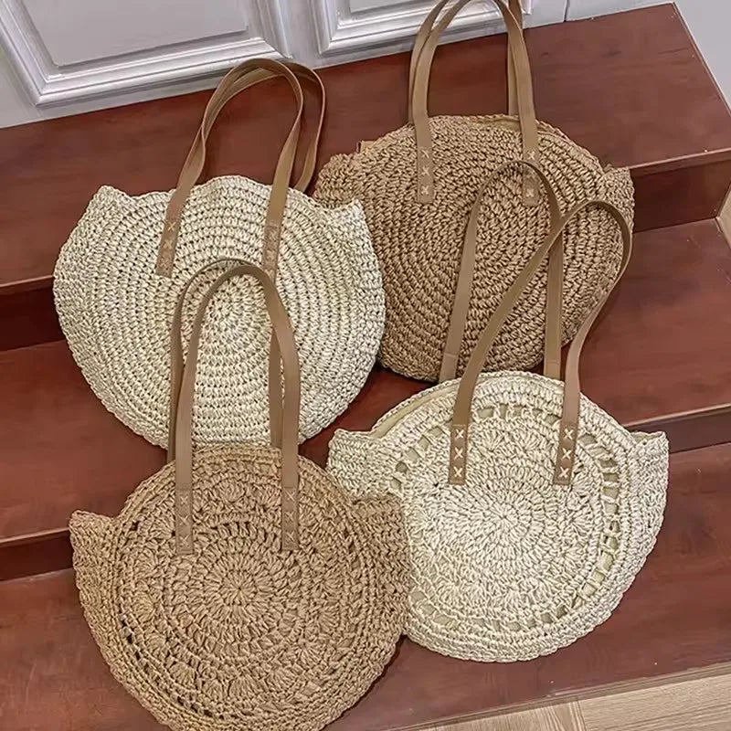 Handmade Straw Woven Round Beach Tote Bag