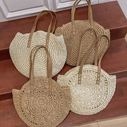 Handmade Straw Woven Round Beach Tote Bag