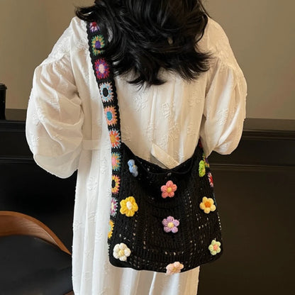Boho Crochet Shoulder Bag – Floral Knit Large Tote