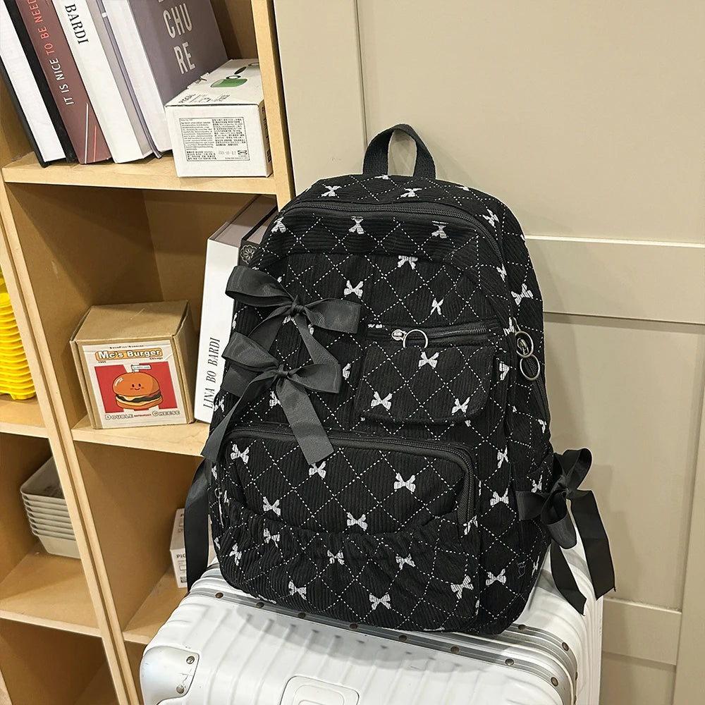 Corduroy Bow Backpack – Cute Large Capacity College School Bag