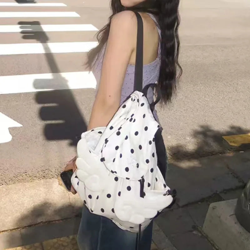 Y2K Polka Dot Backpack - 3D Angel Wings Kawaii Drawstring Bag for Girls