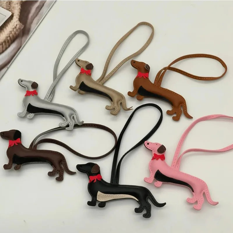 Dachshund Leather Bag Charm with Red Bow Tie – Cute Pet Lover Keychain