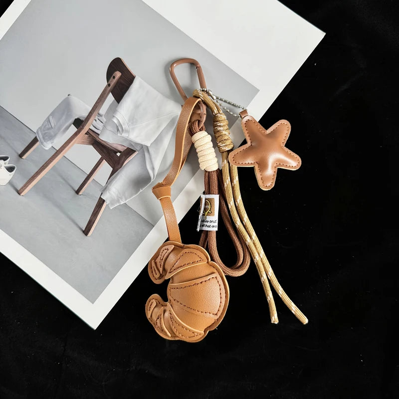 Leather Croissant Keychain – Handmade Star Charm & Braided Rope