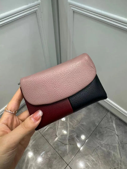Patchwork Genuine Cowhide Leather Trifold Wallet with Magnetic Closure