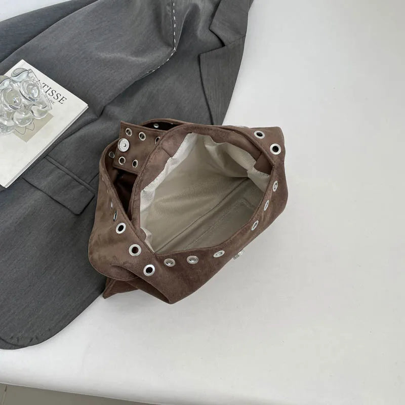 Suede Shoulder Bag – Women's Retro Hobo Bag with Eyelet Detail