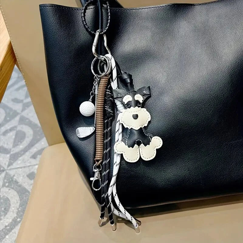 Schnauzer Bag Charm – Handmade Leather Dog Keychain with Baseball