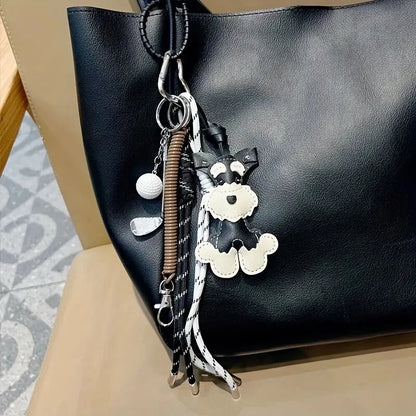 Schnauzer Bag Charm – Handmade Leather Dog Keychain with Baseball