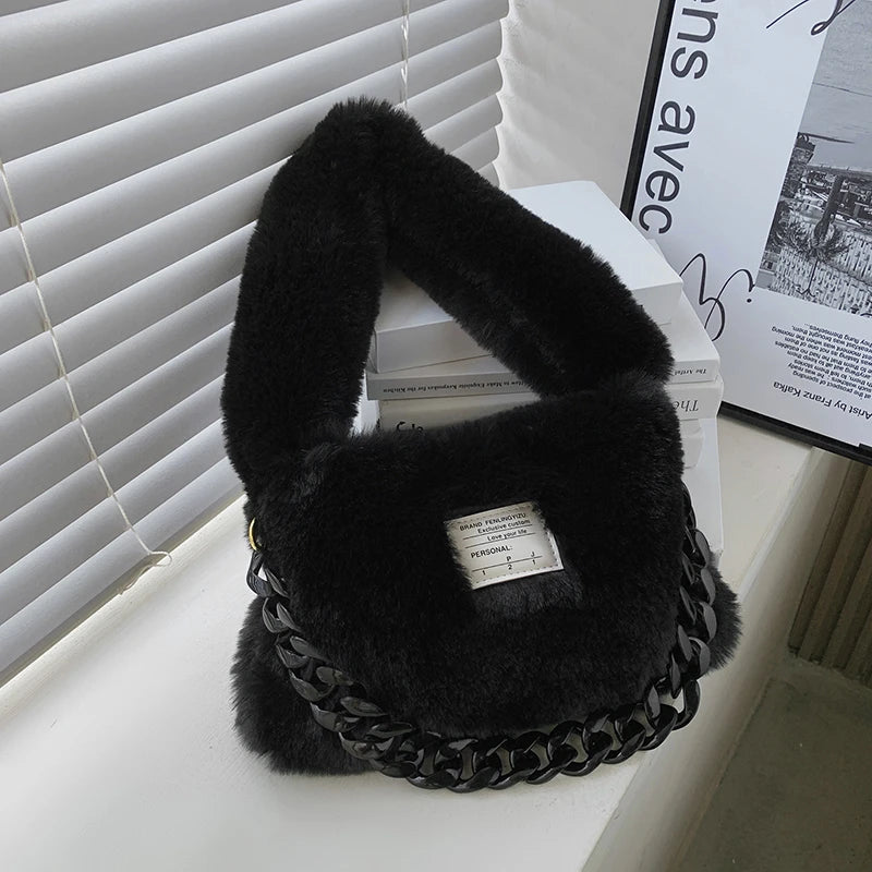 Soft Plush Shoulder Bags Women 2022 Winter Luxury Designer Handbag Thick Chain Fluffy Hand Warmers