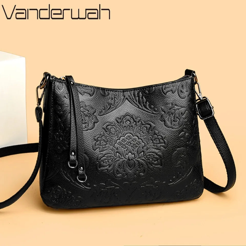 Retro Floral Embossed PU Leather Crossbody Bag for Women