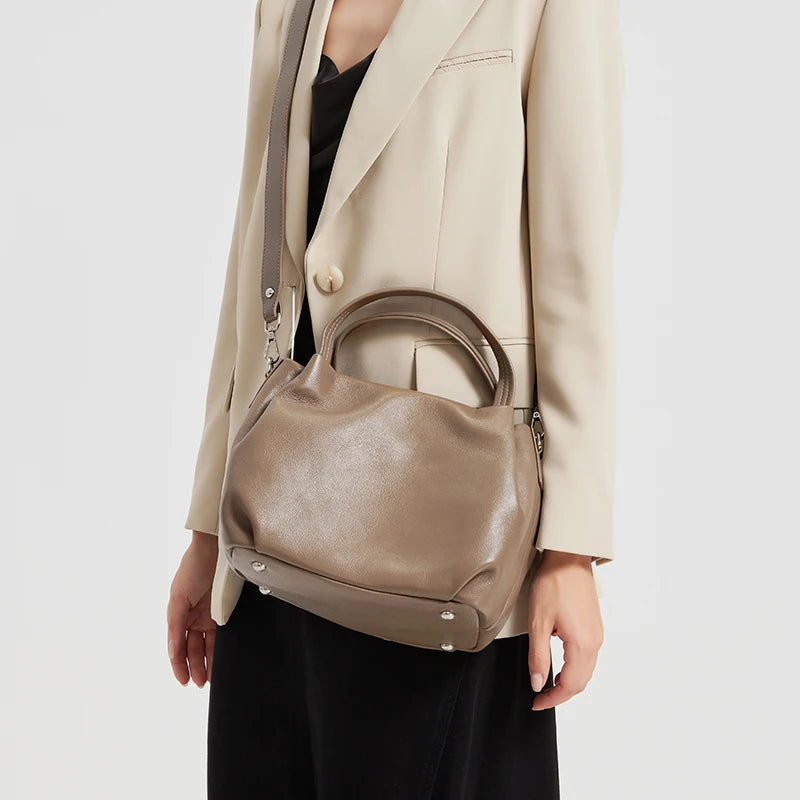 Genuine Cowhide Leather Bucket Tote Bag for Women – Large Capacity