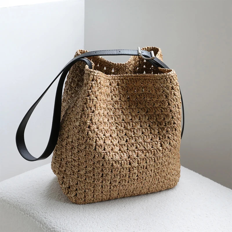 Raffia Woven Shoulder Bag – Women's Large Capacity Bucket Bag