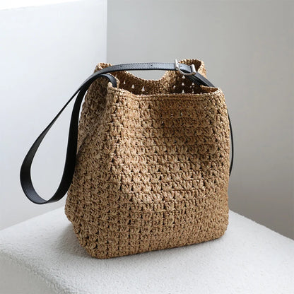 Raffia Woven Shoulder Bag – Women's Large Capacity Bucket Bag