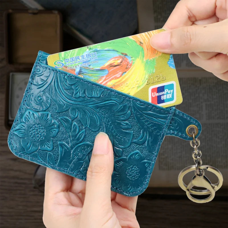 Genuine Leather Coin Purse & Card Holder Wallet with Keyring – Floral Embossed