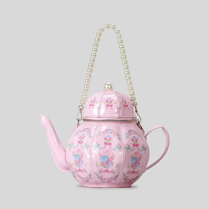 Creative Vintage Printed Teapot Design Women Handbags Pearls Chains Shoulder Bag Designer Luxury