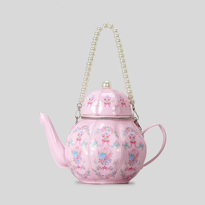 Creative Vintage Printed Teapot Design Women Handbags Pearls Chains Shoulder Bag Designer Luxury