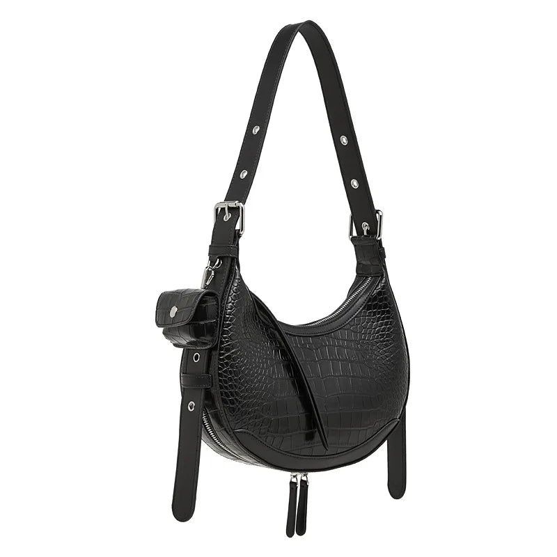 Vintage Crocodile Pattern Shoulder Bag - Half Moon Leather Crossbody for Women