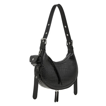 Vintage Crocodile Pattern Shoulder Bag - Half Moon Leather Crossbody for Women