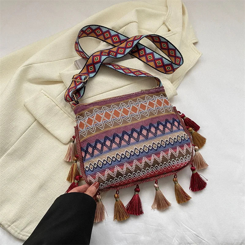 Vintage Women S Bag Tassel Ethnic Handwoven Crossbody Lady Hippie Sling Shoulder Bags Ladies Handbag