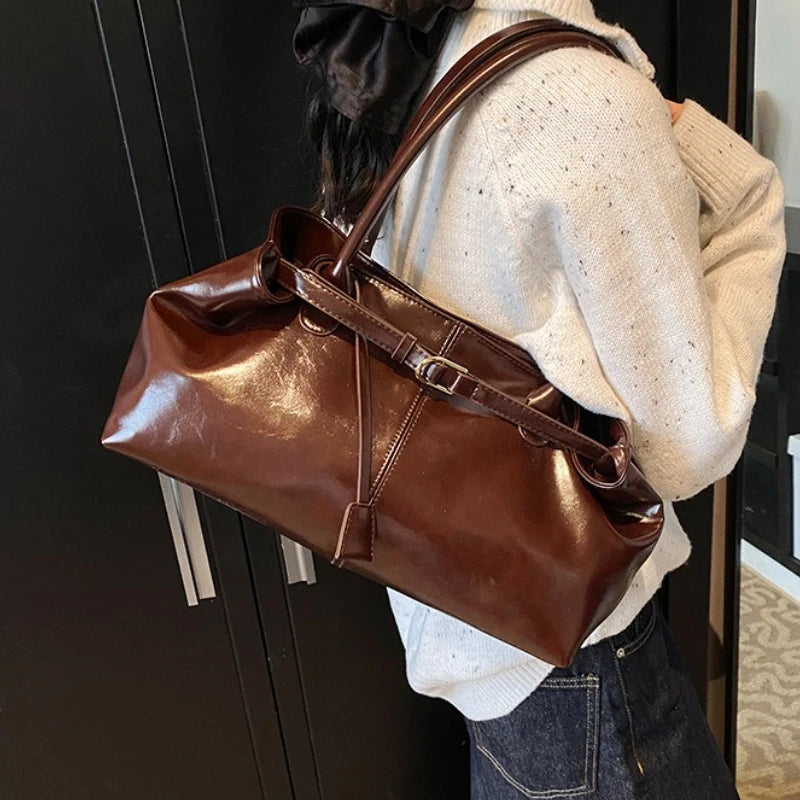 Vintage Leather Shoulder Tote Bag for Women – Large Capacity