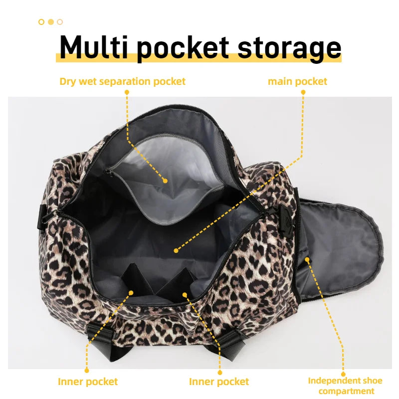 Leopard Print Women's Gym Travel Tote Bag with Shoe Compartment